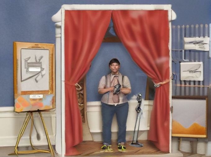 A digital illustration of a photobooth surrounded by artistic elements like paintbrushes and cameras.