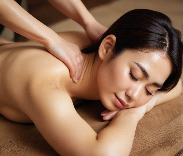A Korean woman receives a Thai massage, her eyes closed in relaxation.