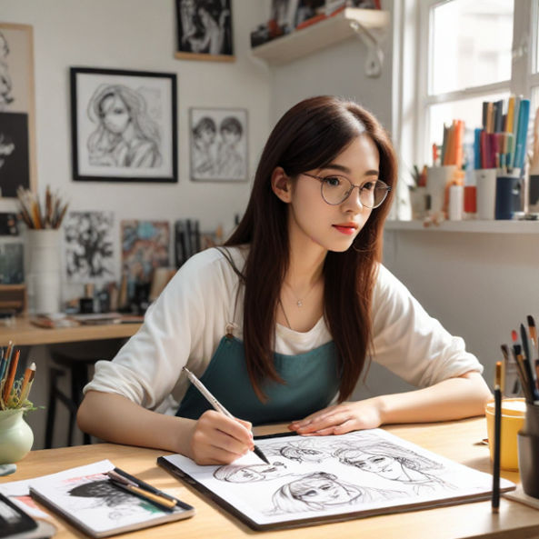 A vibrant art studio with an artist sketching webtoon characters on a digital tablet.