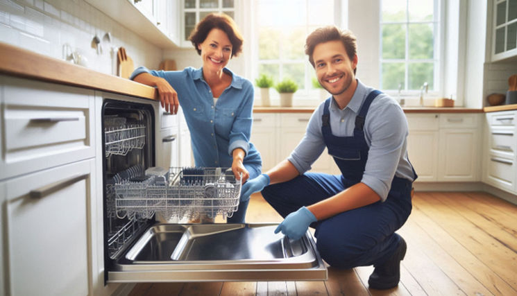 A technician repairing a dishwasher in a bright kitchen, with a homeowner observing and smiling.