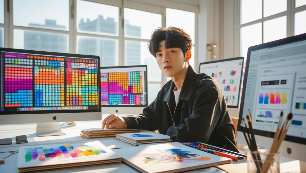 Korean artist works in studio combining digital screens and traditional sketchbook tools.