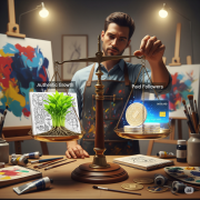 A person is carefully balancing a scale. On one side, there is a plant with green leaves, symbolizing authentic growth. On the other side, there is a pile of digital coins, symbolizing paid followers. The person is in an art studio, surrounded by art supplies.