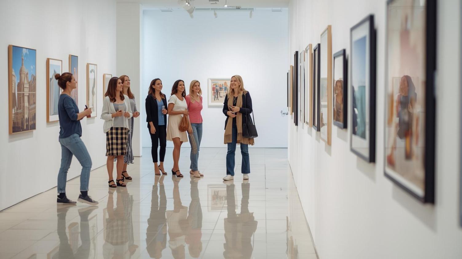Visitors smile inside Brisbane gallery with spotless tiles and vibrant art displays.