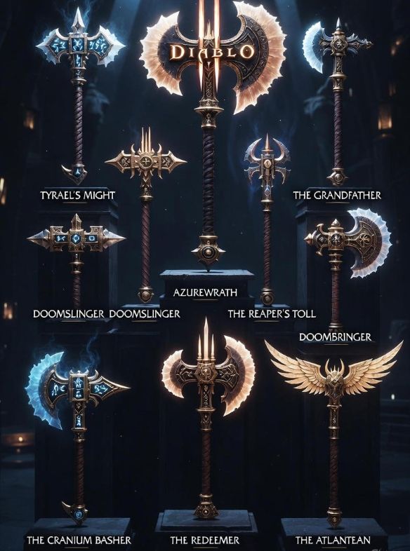 dark fantasy Diablo II weapons displayed like artifacts